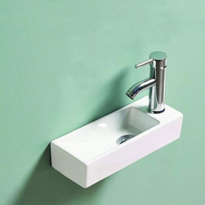 Lave main Rectangulaire Gain de place Droite - Céramique Blanc - 38x15 cm - Minimalist