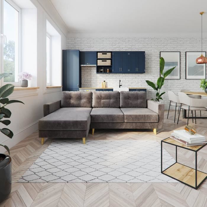 Canapé d’angle convertible - BERTRAM - gris - pieds en bois - style classique