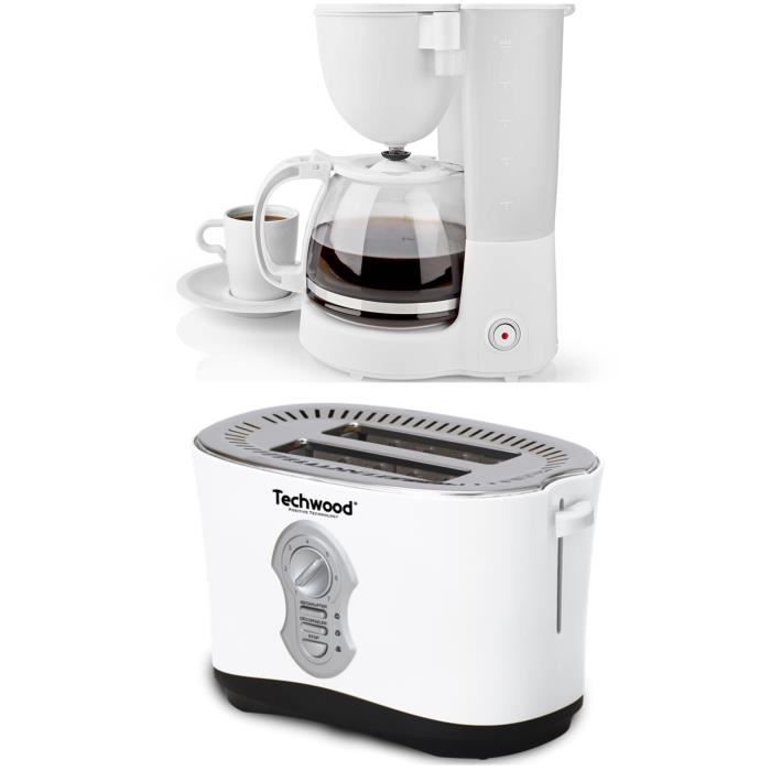 PACK DEJEUNER Cafetière Machine à café Electrique Blanche 1.25L 750W + Grille-pain Blanc 2 Fentes 850W pas cher