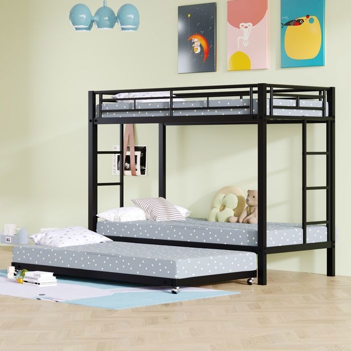 Lit superposé 90 x 200 cm pour enfant cadre en fer avec lit gigogne et sommier à lattes construction robuste - Noir