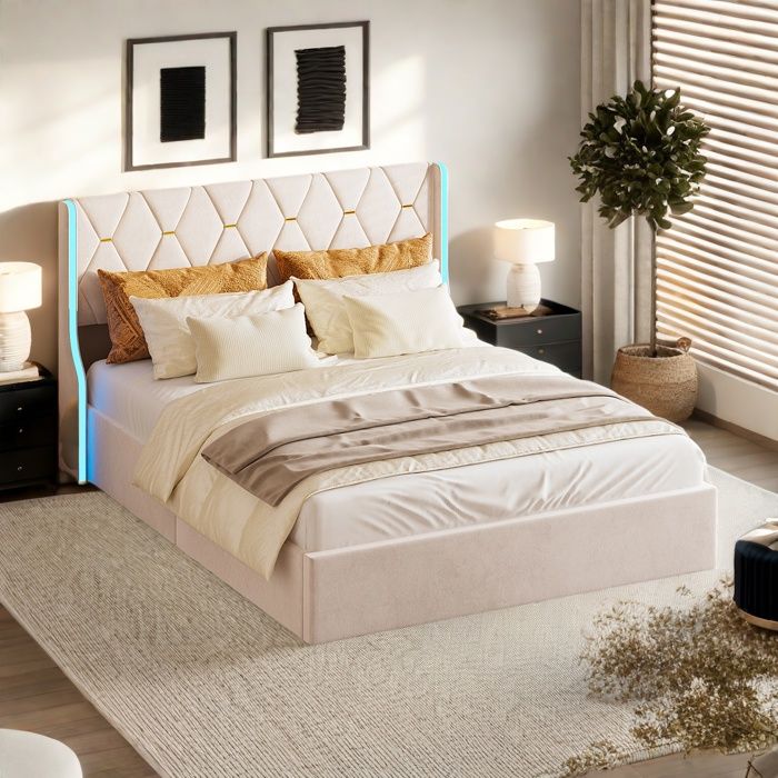 Lit Double Rembourré 160x200cm Avec Prise USB, éclairage LED Et 4