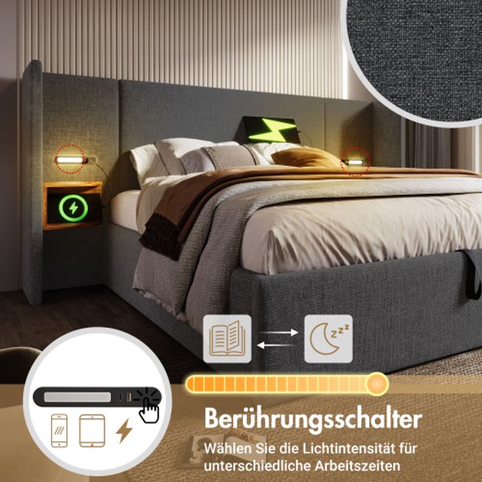 Lit Coffre Double 180x200, Lampe De Lecture Et USB, Lin Gris - Lit