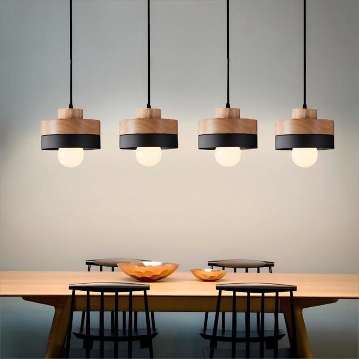 WOTTES Suspension en Bois et Métal - Noir 4pcs - Ø18*10cm - E27 - Design rétro Rond - Éclairage intérieur Lustre Cuisine Salon