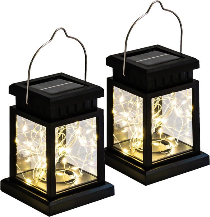 Lot de 2 lampes solaires dextérieur à suspendre décoration de jardin lanterne de terrasse blanc chaud