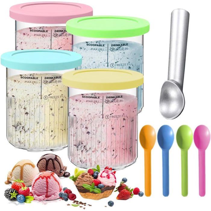 Lot 4 Bacs Crème Glacée Snowtain + 4 Cuillères – Compatibles Ninja NC299AM / C300s