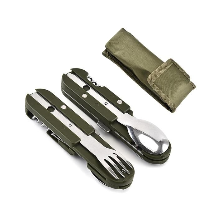 Vaisselle Pliante en Acier Inoxydable 5 en 1 Outils de Camping Multifonctionnels Couverts Pliables pour Pique-Niques Randonnées