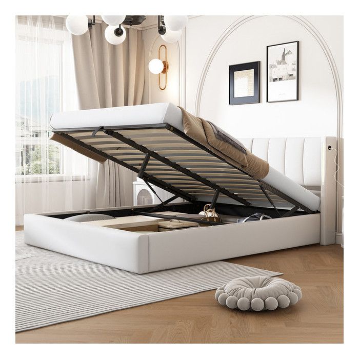 Lit 2 Personnes 140x190 cm avec Sommier USB et LED Lit Coffre avec Espace de Rangement et TêTe de Lit RéGlable Lit Double Blanc