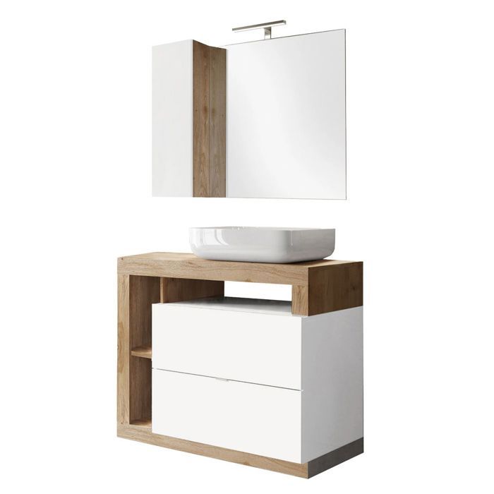 ARTURO - Meuble Vasque 92cm + Miroir blanc et aspect bois finition Cadiz ARTURO - Meuble Vasque 92cm + Miroir blanc et aspect bois finition Cadiz