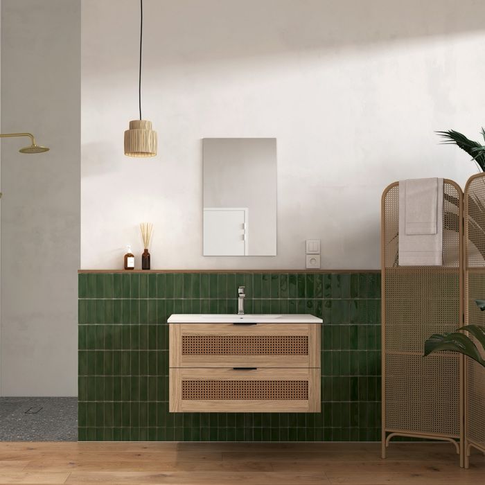 Meuble salle de bain cannage Apolline 60cm décor bois et cannage - 2 tiroirs vasque et miroir Meuble salle de bain cannage Apolline 60cm décor bois et cannage - 2 tiroirs vasque et miroir