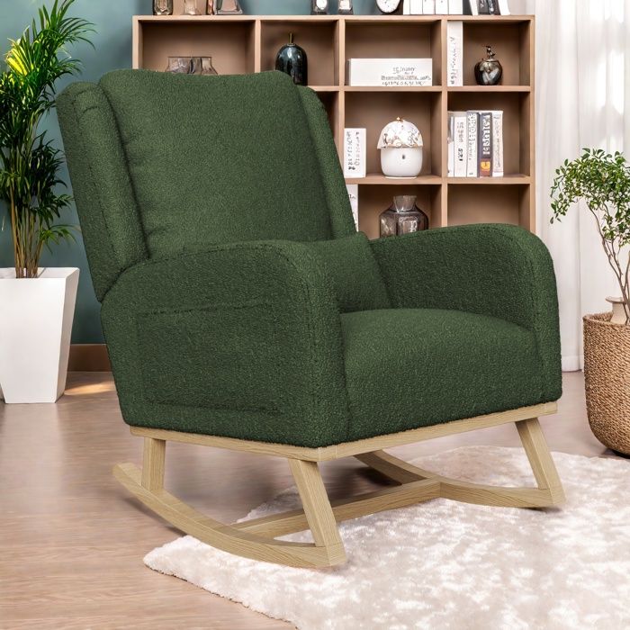 Fauteuil à bascule - Scandinave - Teddy velours - Oreiller lombaire - Poches de rangement