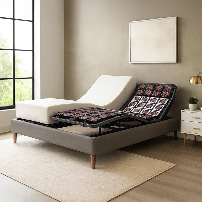 Pack Lit Électrique Matelas 200x200 - Gris - Sommier relaxation+Contour lit Simili cuir+Matelas