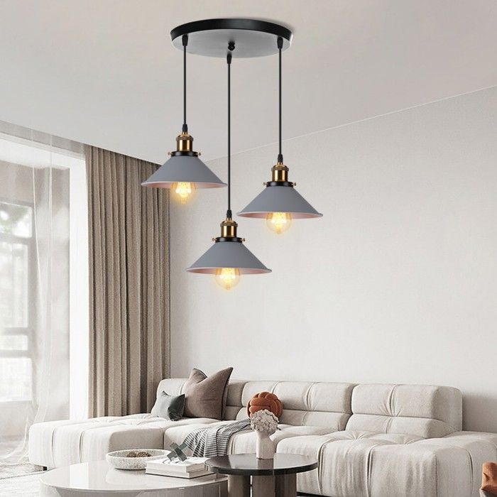 Lustre suspendu - SMOTOP - 3x E27 - Abat-jour métal gris Ø22cm - Style moderne rétro