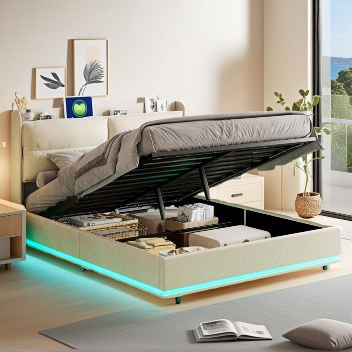 Lit coffre lit 160x200 avec sommier lit capitonné avec port USB et LED Dossier avec fermeture éclair Beige velours