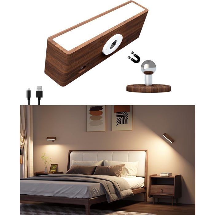 Lampe murale en bois alimentée par batterie rechargeable et à intensité variable (1 pièce)