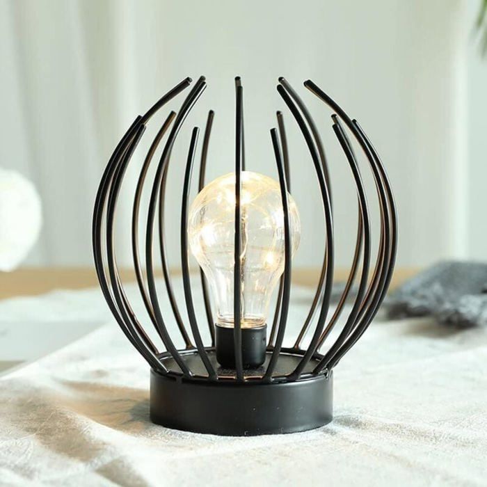 Vtizikl Lampe de table à cage en métal Lampe sans fil à piles avec ampoule LED de style Edison Idéal pour les mariages les