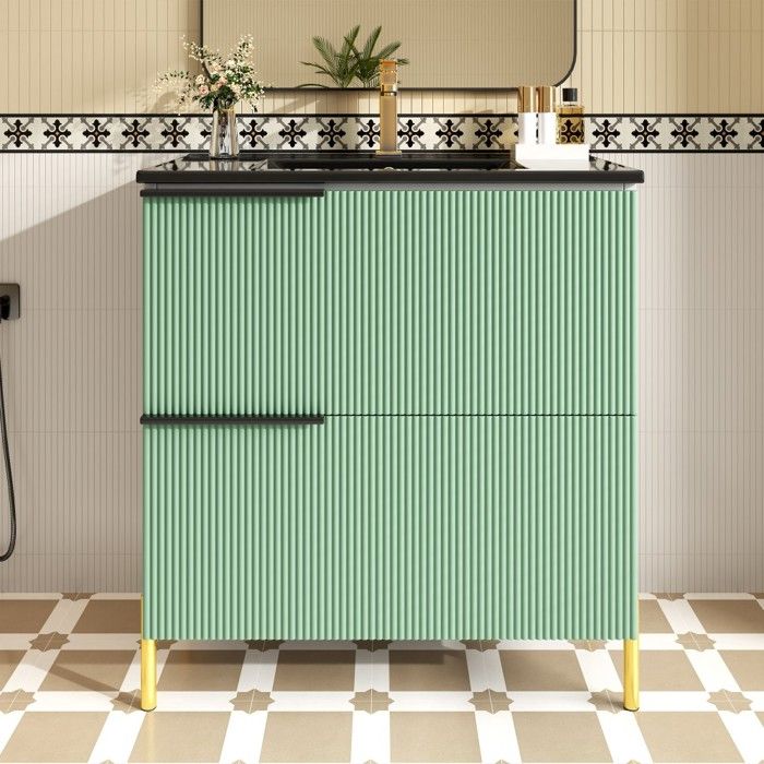 Meuble vasque salle de bain avec lavabo céramique tiroirs MDF vert - Organisateur sur pied 81 5x47x90cm