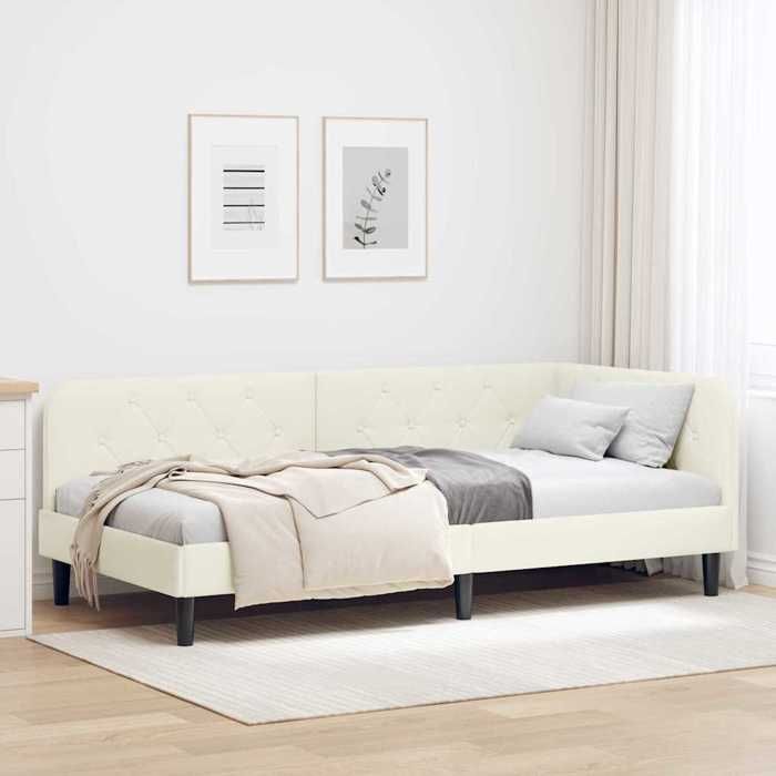 Cadre de lit dangle en velours - UU - 90x190 cm - Crème - Design en L - Polyvalent canapé-lit - Cadre à lattes