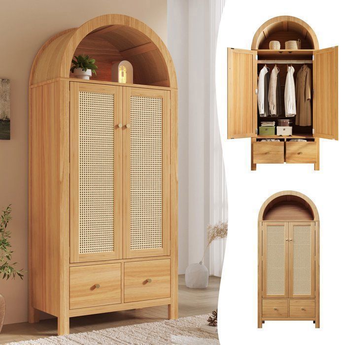 Armoire Chambre 2 Portes en Bois avec Rotin - 181 cm Haut - 2 Grands Tiroirs - Portes Magnétiques - Étagère Ouverte
