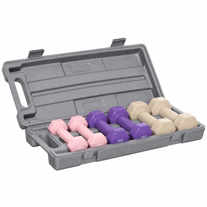 Ensemble dhaltères courtes - HOMCOM - total 6 kg - avec mallette - 6 haltères 05kg 1kg 15kg - acier et PU - rose violet café