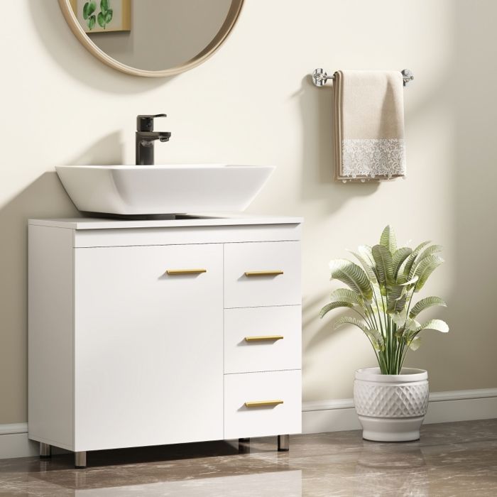 Meuble vasque de salle de bain modèle à 3 niveaux MDF panneaux de particules blanc