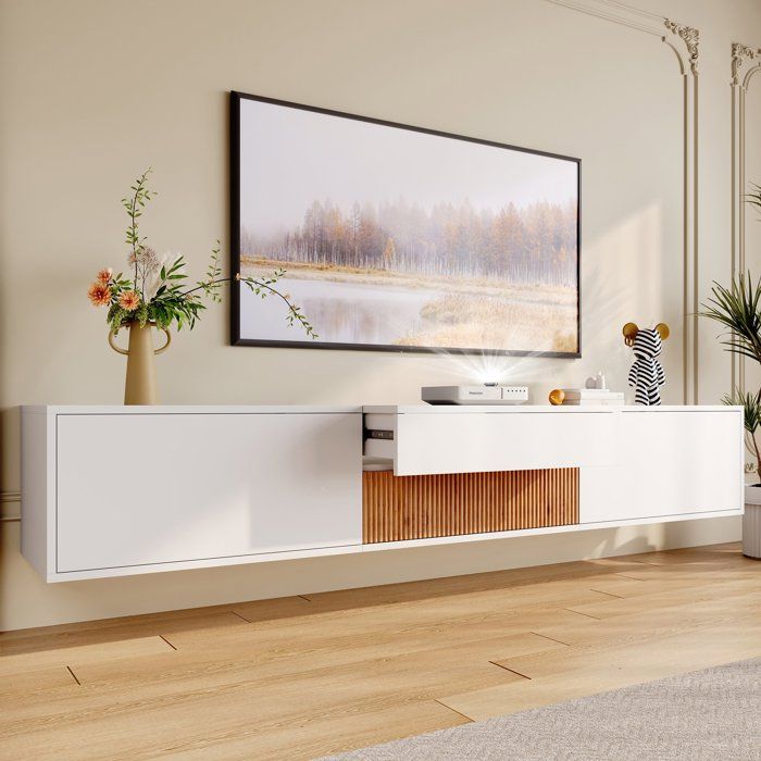 Meuble TV Meuble Tele Peut être Suspendu ou Posé au Sol 3 Placards avec Portes peut contenir un projecteur 180x34x30 cm blanc