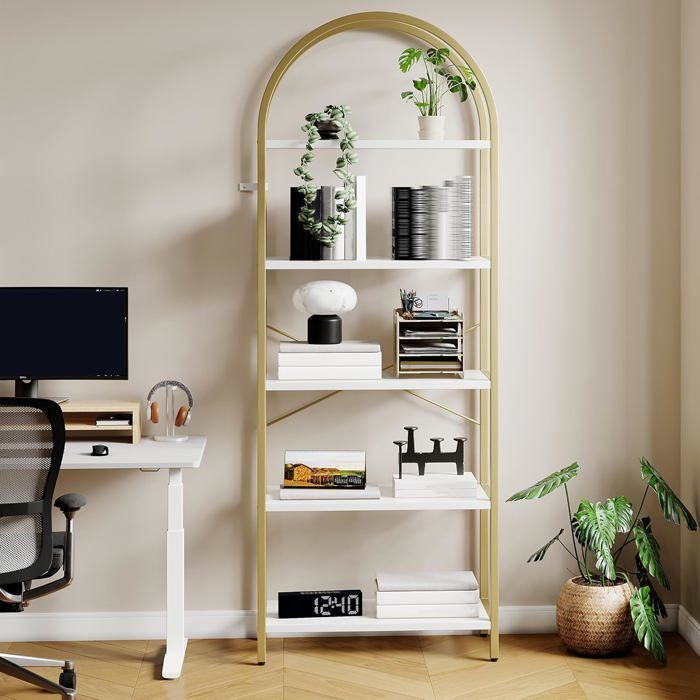 Étagère de rangement - LUNSY - 60x28x180 cm - Blanc et Or - 5 étagères - Supports en X - Sangles anti-basculement