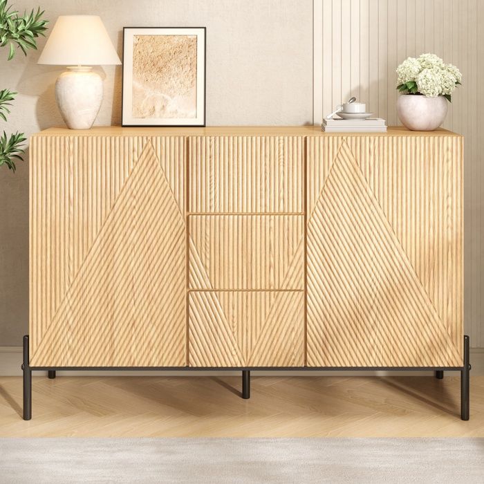 Buffet de Cuisine – Meuble de Rangement avec Portes Géométriques 3D Tiroir Central et Pieds en Fer Noir 115.5x40x76 cm - naturel