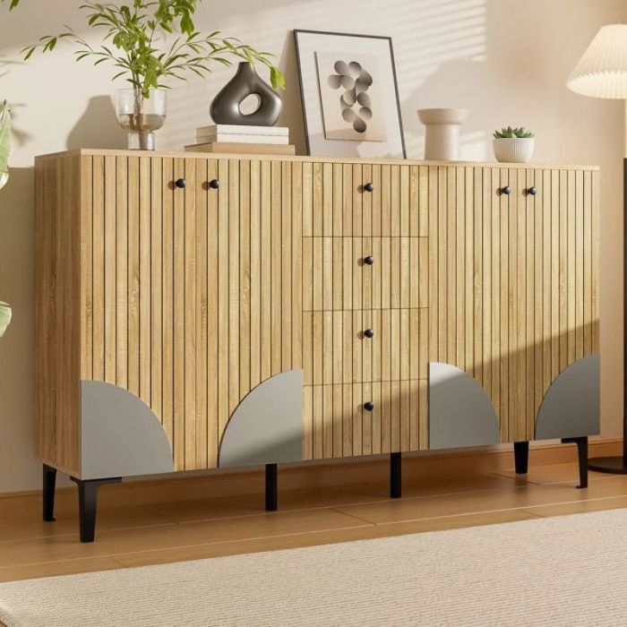 Buffet avec 4 Portes et 4 Tiroirs Meuble de Rangement en Bois Clair + Pieds de Table en PVC Noir Panneau PB Bois Naturel. BUFFET