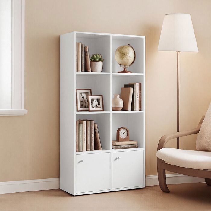 Bibliothèque à 4 Niveaux avec 2 Portes pour Bureau Salon Salle à Manger 29 x 658 x 130 cm Blanc