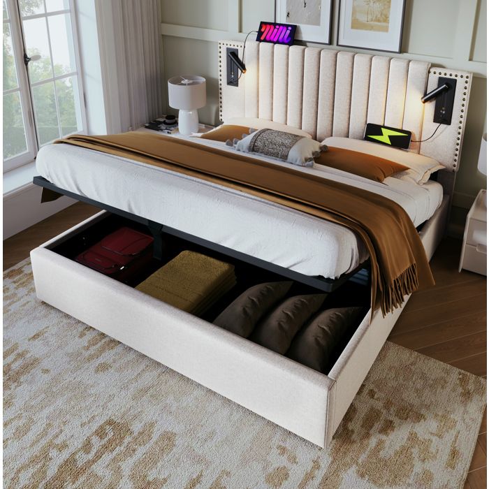 Lit double beige 180 × 200 rangement liseuse USB-C tête réglable sans matelas