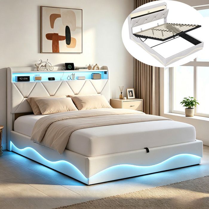 Lit Coffre 140 x 200 CM avec LED et USB UTTQEW  Lit 2 Personnes Hydraulique avec Rangement Sous le Lit et Sommier Velours Beige