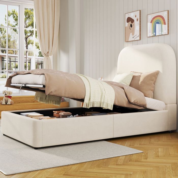 Lit coffre - 90x200 - Velours beige - Grand rangement hydraulique - Sommier inclus