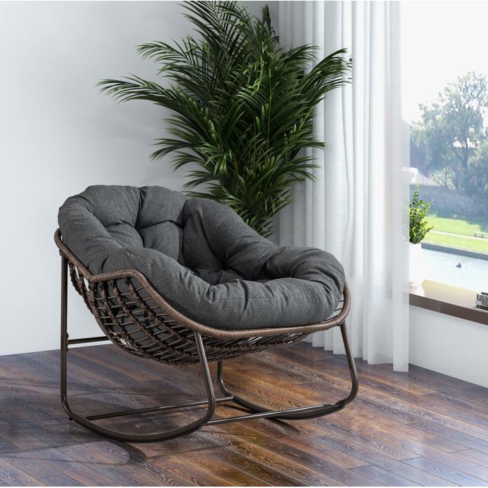 Fauteuil à bascule dextérieur 1 personne en acier et rotin tressé coussin épais gris foncé