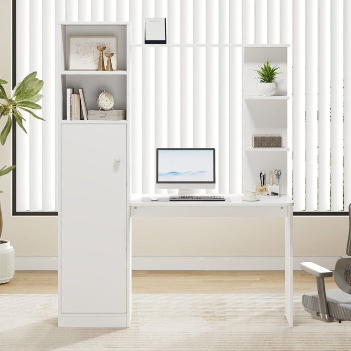 Bureau détude blanc moderne avec armoire et étagère rangement 123 5x45x168 5cm table de travail multifonction Bureau détude blanc moderne avec armoire et étagère rangement 123 5x45x168 5cm table de travail multifonction