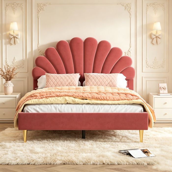 Lit 140x190 cm avec tete de lit en forme de pétale et sommier à lattes cadre de lit 140x190 tissu en velours rouge