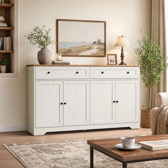 Buffet avec Étagères Réglables 2 Tiroirs 4 Portes pour Salle à Manger Style Maison de Campagne Blanc Buffet avec Étagères Réglables 2 Tiroirs 4 Portes pour Salle à Manger Style Maison de Campagne Blanc