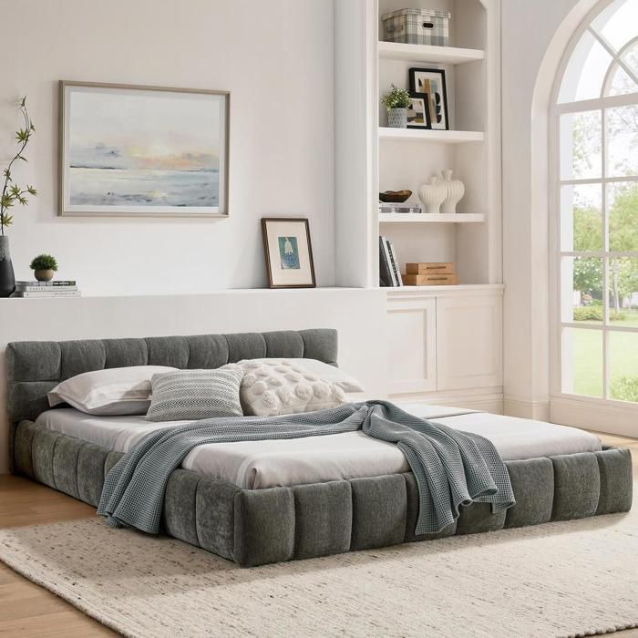 Lit double - KOMHTOM - 160x200 - Chenille soyeuse matelassée - Cadre eucalyptus & fer - Sommier tapissier