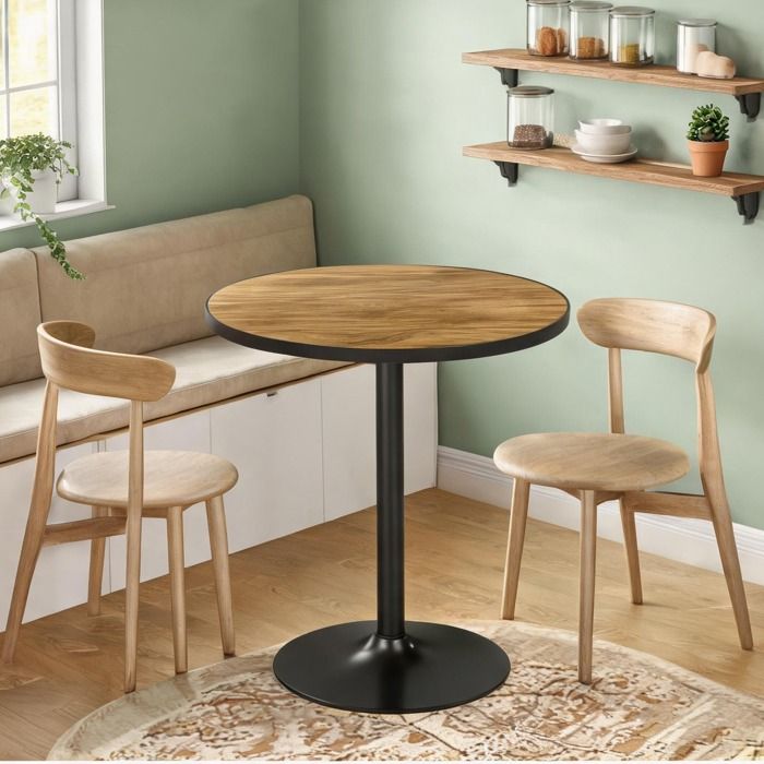 Table ronde contemporaine Ø 70 cm en bois aspect chêne base stable pour 2 à 4 personnes idéale salle à manger ou bureau