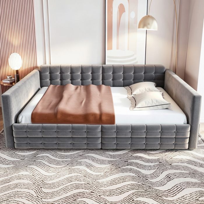 Lit banquette rembourré 140x190 cm avec 2 tiroirs et poches latérales lit dappoint sommier à lattes velours gris capitonné