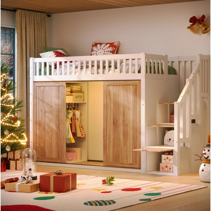 Lit mezzanine enfant 90×200 cm armoire escalier de rangement et LED - HAVRYA - sans matelas blanc et décor chêne