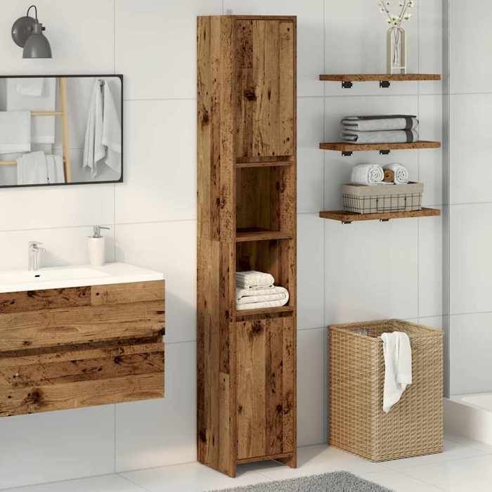 Armoire de salle de bain - COCO - Colonne de bain - COCO - bois dingénierie - vieux bois - 2 portes - 6 compartiments - 30x30x1