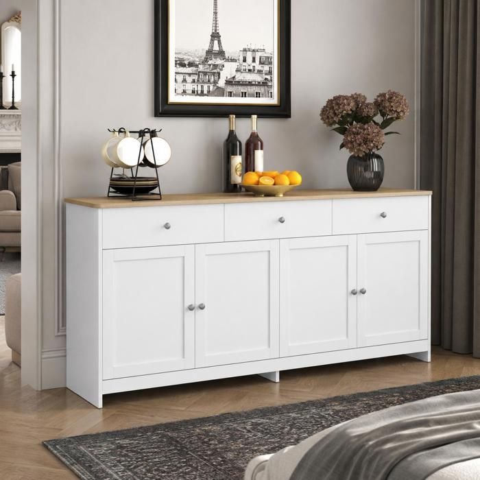 Buffet de Salon Blanc et Bois 160x37x75 cm COZHYESS Bahut avec 4 Portes 3 Tiroirs Étagères Réglables Style Campagne - Blanc Bois