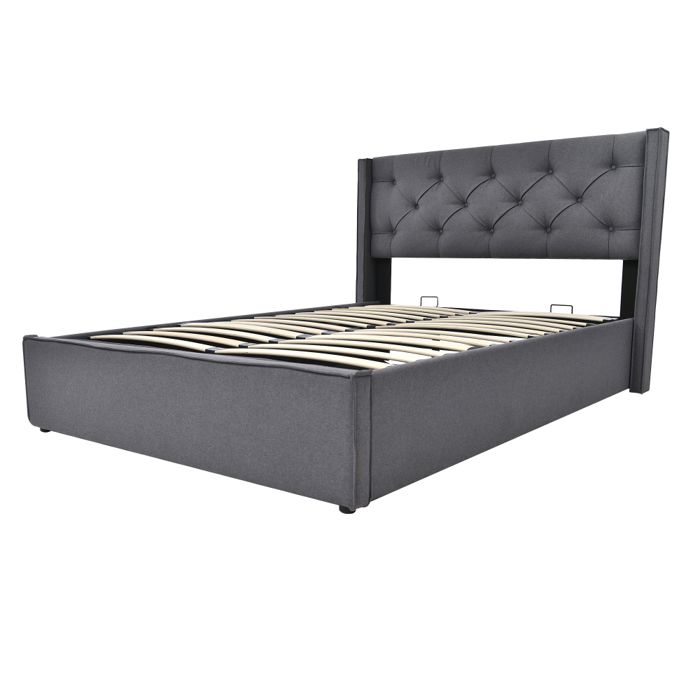 Lit double hydraulique 140x200 cm en coton gris avec coffre de rangement sommier métal inclus cadre rembourré moderne
