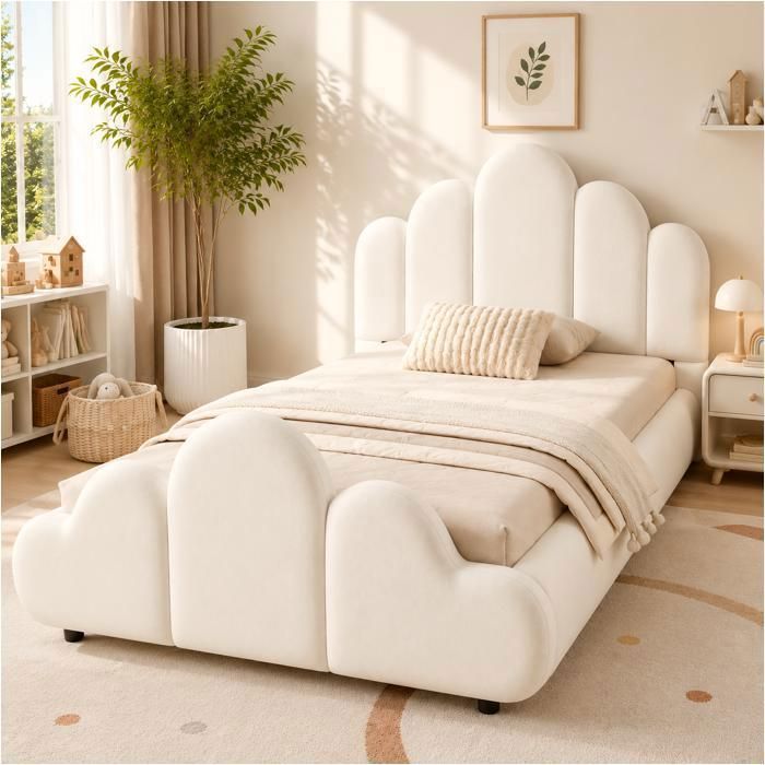 Lit enfant rembourré - MERAX - 90 x 200 cm - Velours beige - Design nuage angles arrondis - Sommier à lattes inclus Lit enfant rembourré - MERAX - 90 x 200 cm - Velours beige - Design nuage angles arrondis - Sommier à lattes inclus