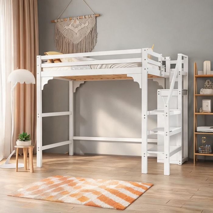 Mezzanine enfant 140x200 cm avec escalier de rangement et armoire penderie en pin finition white-toned