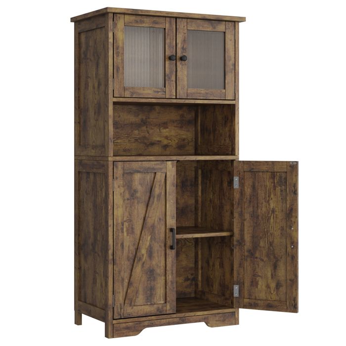 Bibliothèque Étagère à 4 Niveaux Haut Meuble de Rangement - avec portes vitrées et étagères réglables - 60x30x128 cm - Vintage