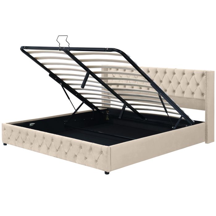 Lit coffre double 180x200 cm en velours avec tête de lit oreilles clous décoratifs rangement hydraulique beige