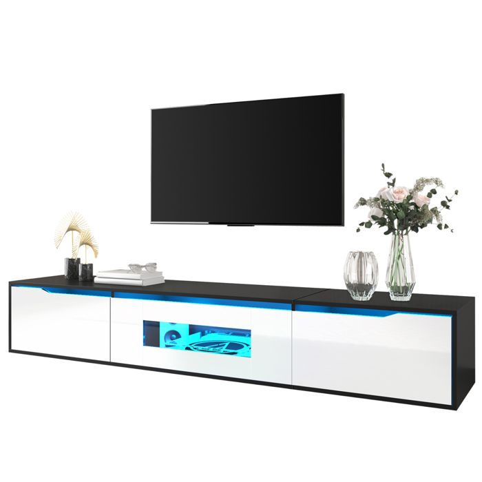Meuble TV mural laqué brillant avec éclairage LED et port USB noir et blanc