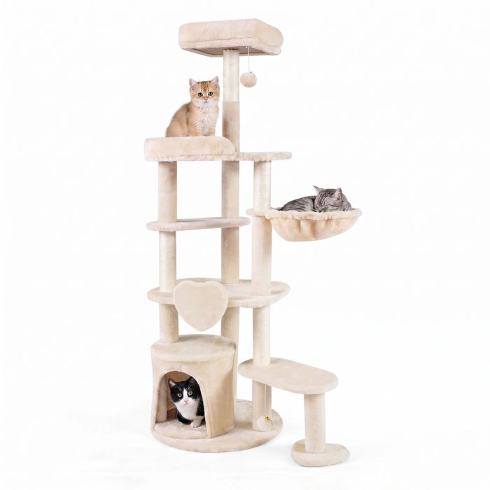 COSTWAY Arbre à chat multiniveaux 149 cm beige niche hamac pivotant poteaux à griffer en sisal kit anti-basculement pour chat COSTWAY Arbre à chat multiniveaux 149 cm beige niche hamac pivotant poteaux à griffer en sisal kit anti-basculement pour chat