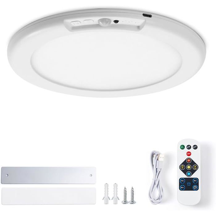 Pfonnier LED Rechargeable Détecteur de Mouvement Sans Fil 19CM Sans Percer 6000mAh Luminaire Pfonnier Rond 1 Pièce PLAFONNIER